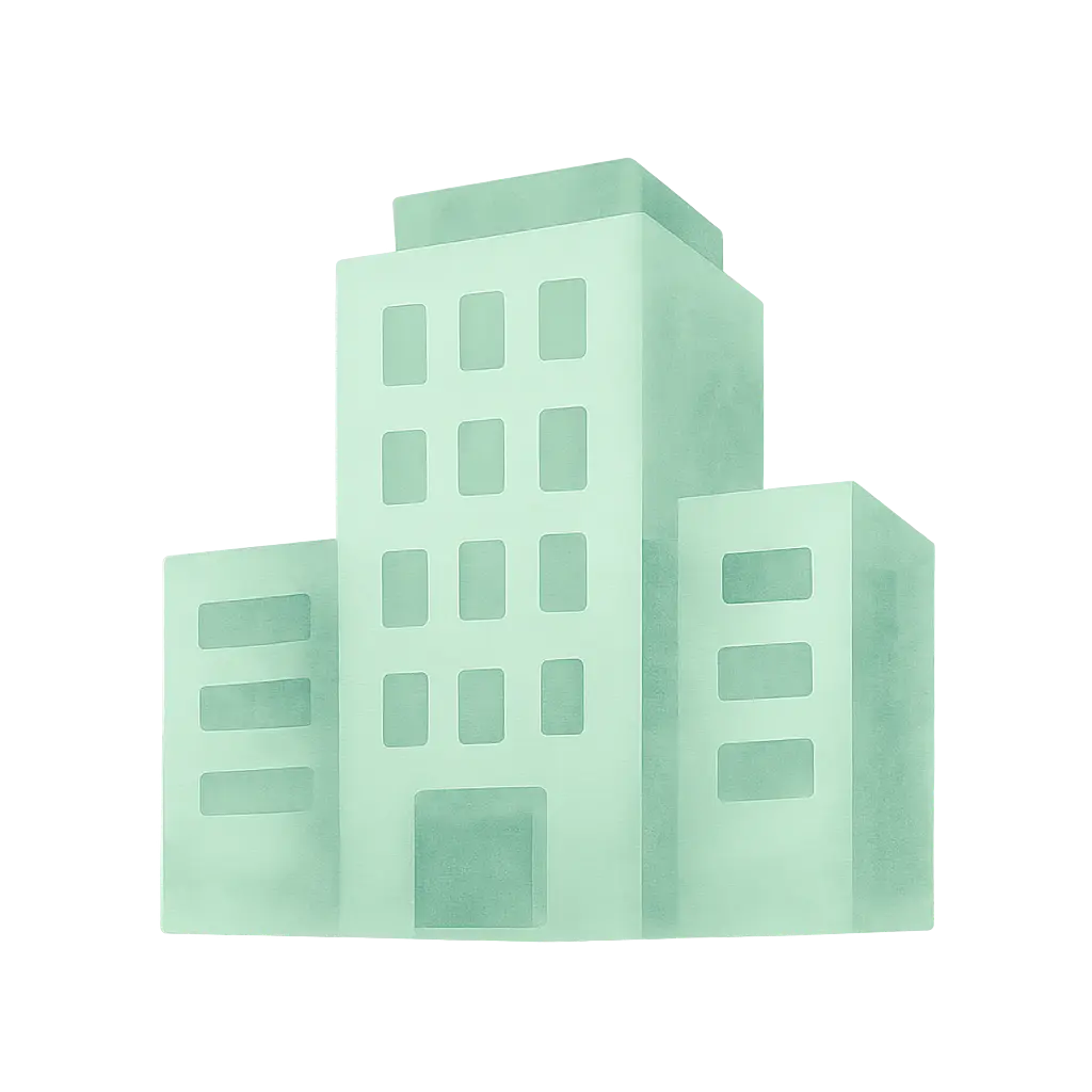Ilustración en acuarela verde menta de un edificio que representa la gestión integral de PYMES y empresas