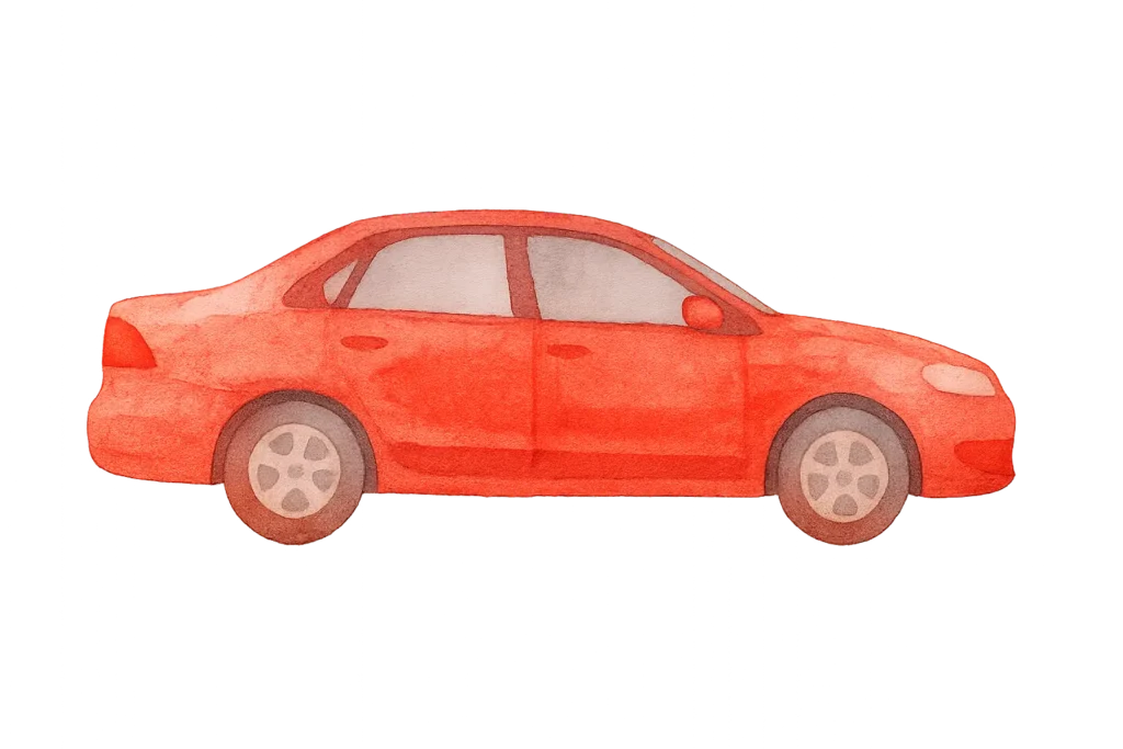 Ilustración en acuarela de un coche rojo de perfil, imagen corporativa del servicio de seguros de vehículos de Yaten Assessors.